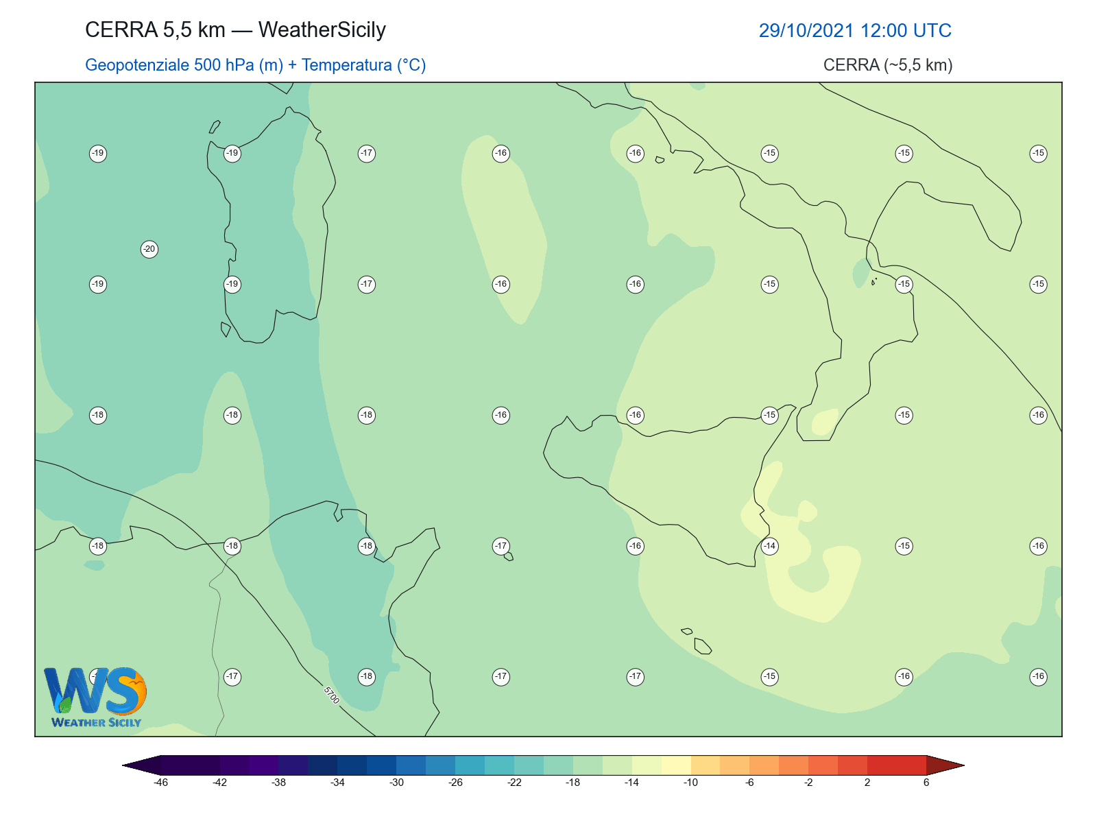 Geopotenziale 500 hPa + Temperatura · 2021102912