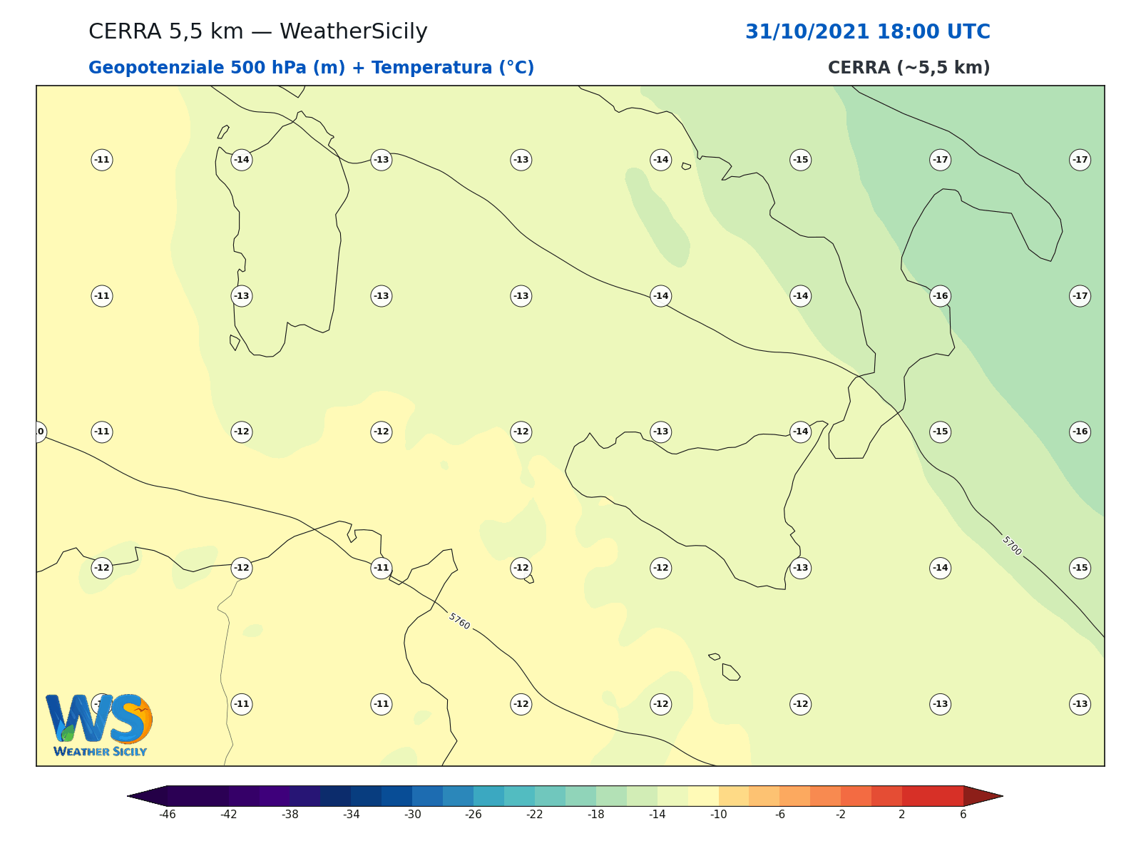 Geopotenziale 500 hPa + Temperatura · 2021103118